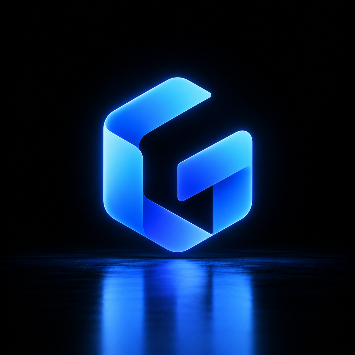 Stylized glowing Gamma AI logo on a dark reflective background
