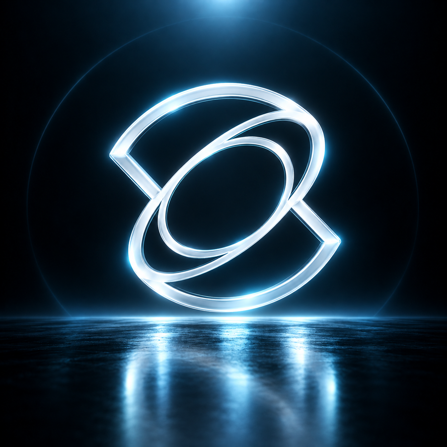 Stylized glowing Kling AI logo on a dark reflective background