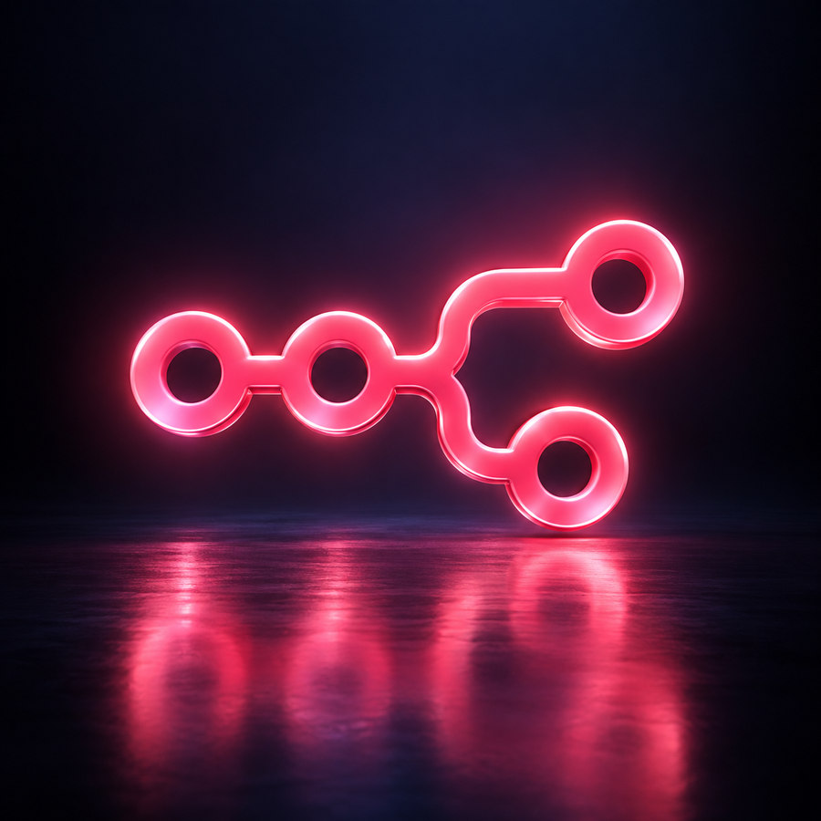Stylized glowing n8n logo on a dark reflective background