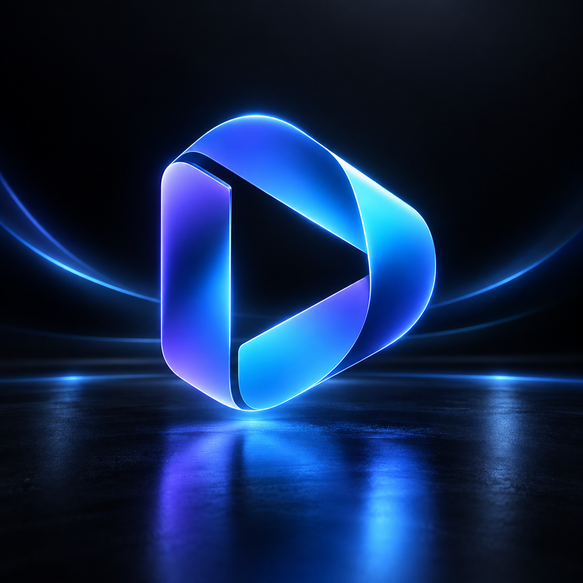 HeyGen logo glowing in blue and purple neon on a dark background