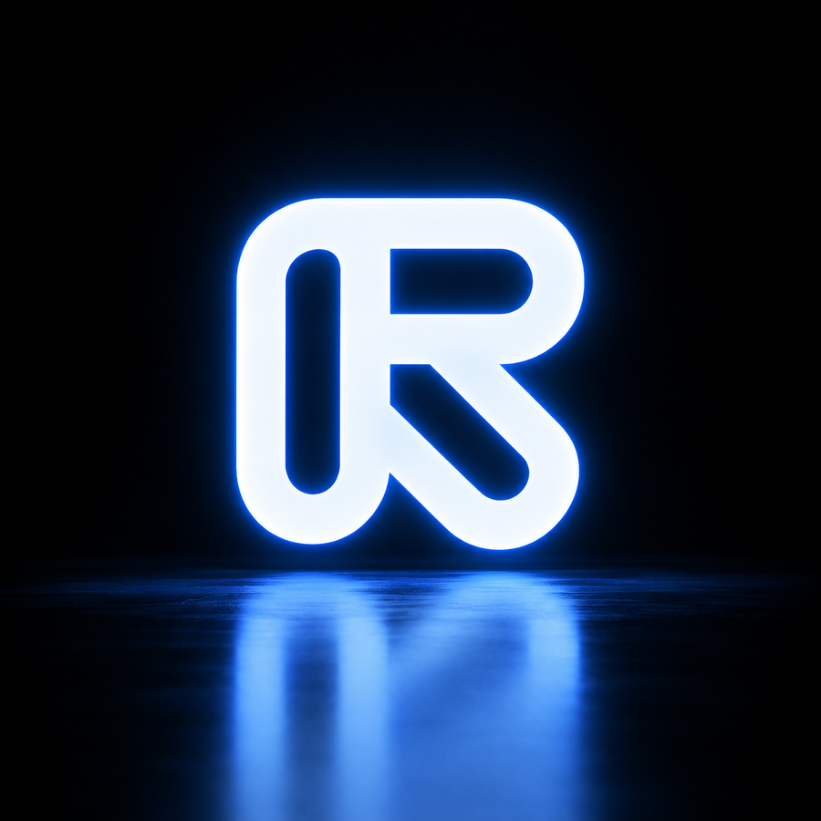 Stylized glowing Runway AI logo on a dark reflective background