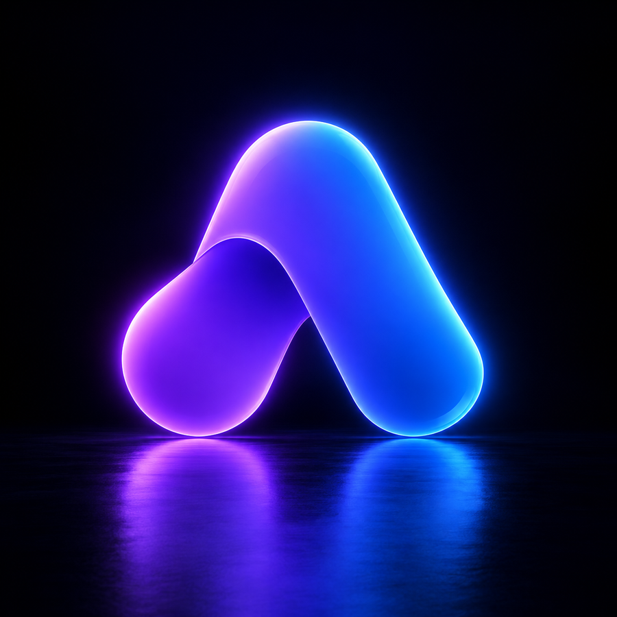Activepieces logo glowing in blue and purple neon on a dark reflective background