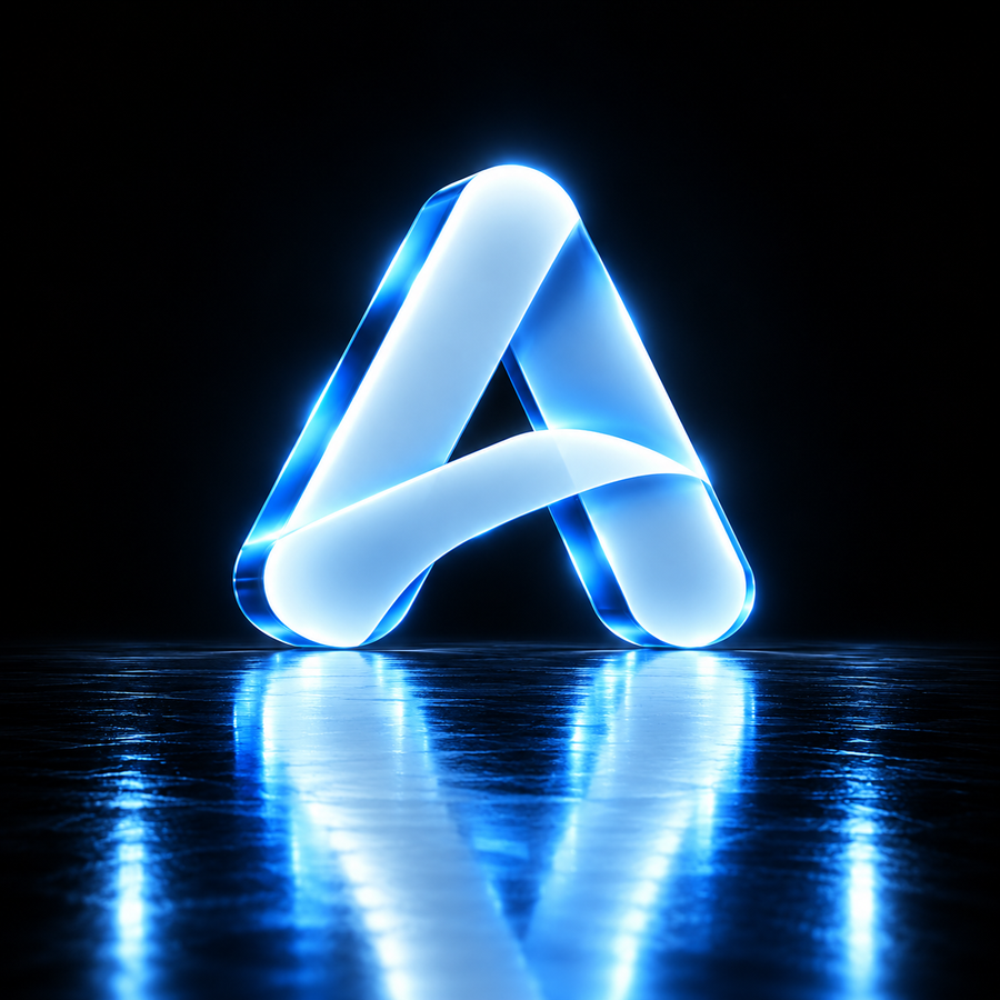 Albert AI inspired glowing blue A-shaped emblem reflected on a dark glossy surface