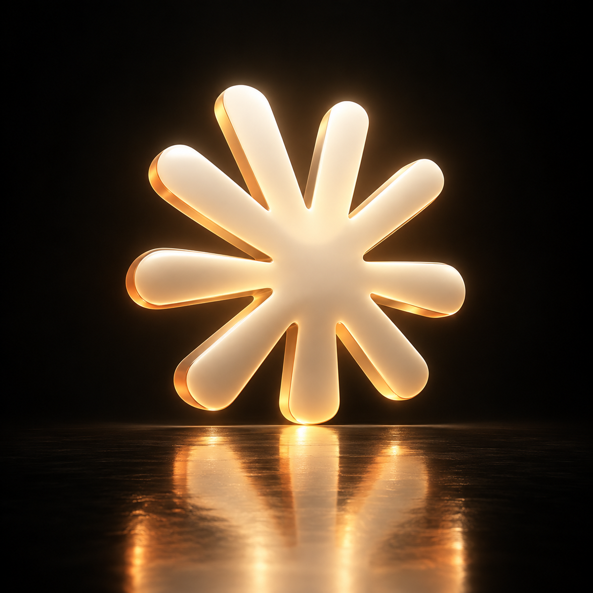 Claude AI logo glowing in warm amber light on a dark reflective background