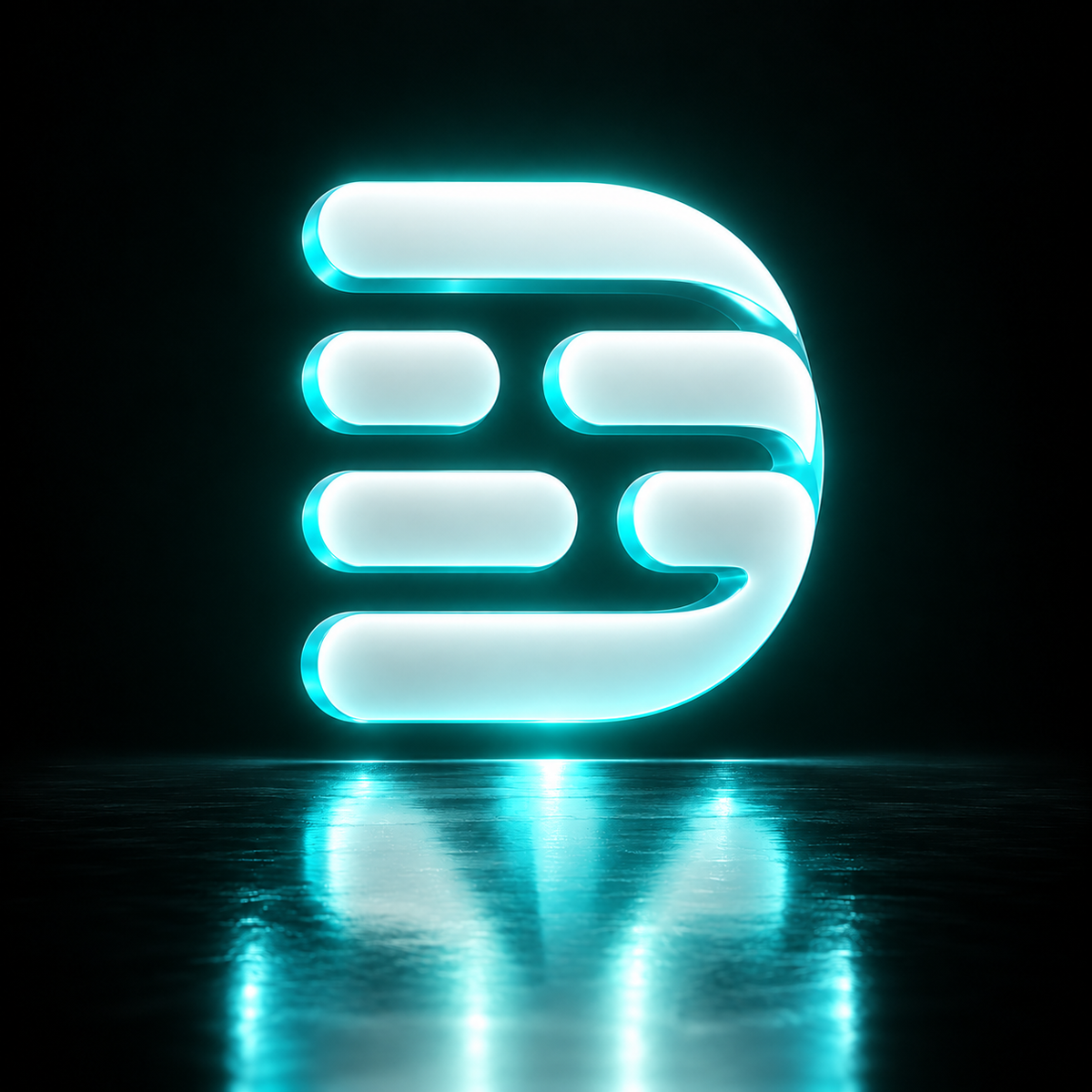 Descript logo glowing in teal neon on a dark reflective background