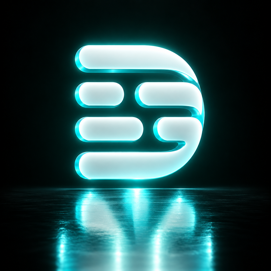 Descript logo glowing in teal neon on a dark reflective background
