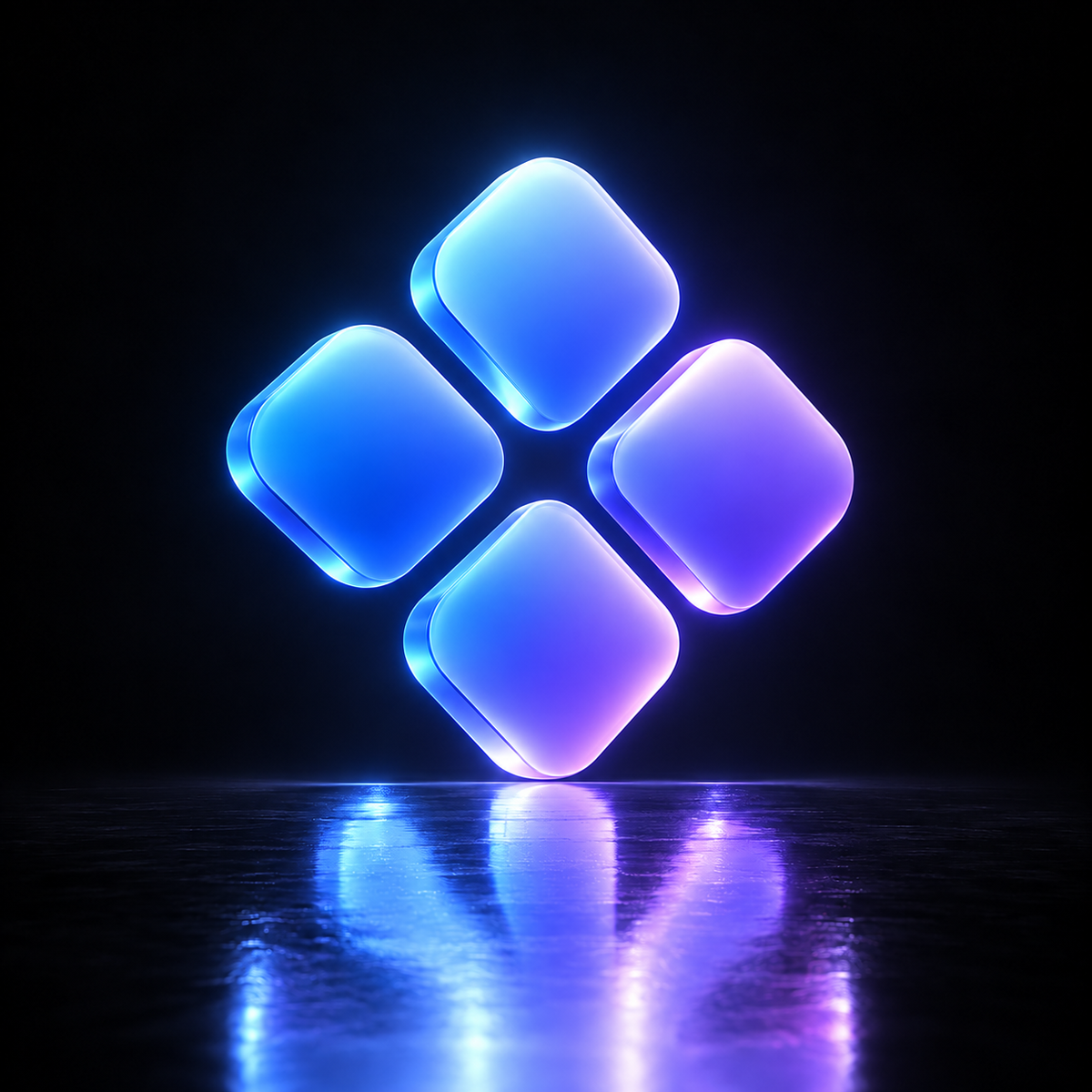 Dify AI logo glowing in blue and purple neon on a dark reflective background