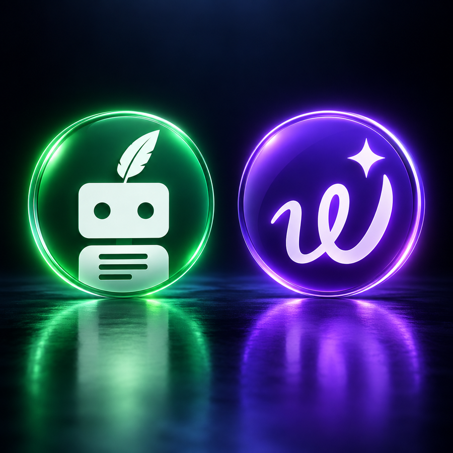 QuillBot and Wordtune icons glowing on a dark reflective background
